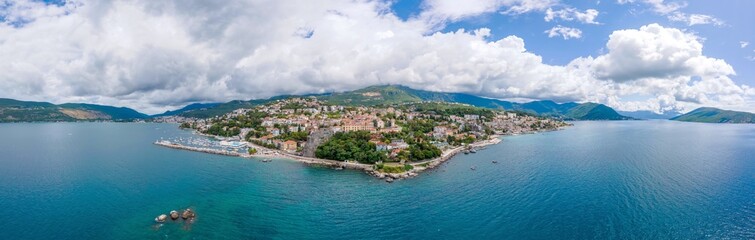 A bird's eye panoramic view of Herceg Novi, the Old Town, and Kotor Bay, Montenegro