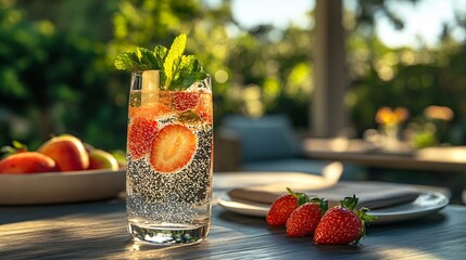 Refreshing Sparkling Water with Strawberries and Mint in Summer Light