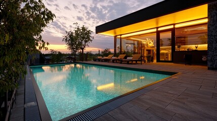 Fototapeta premium Modern Luxury Villa with Infinity Pool at Sunset