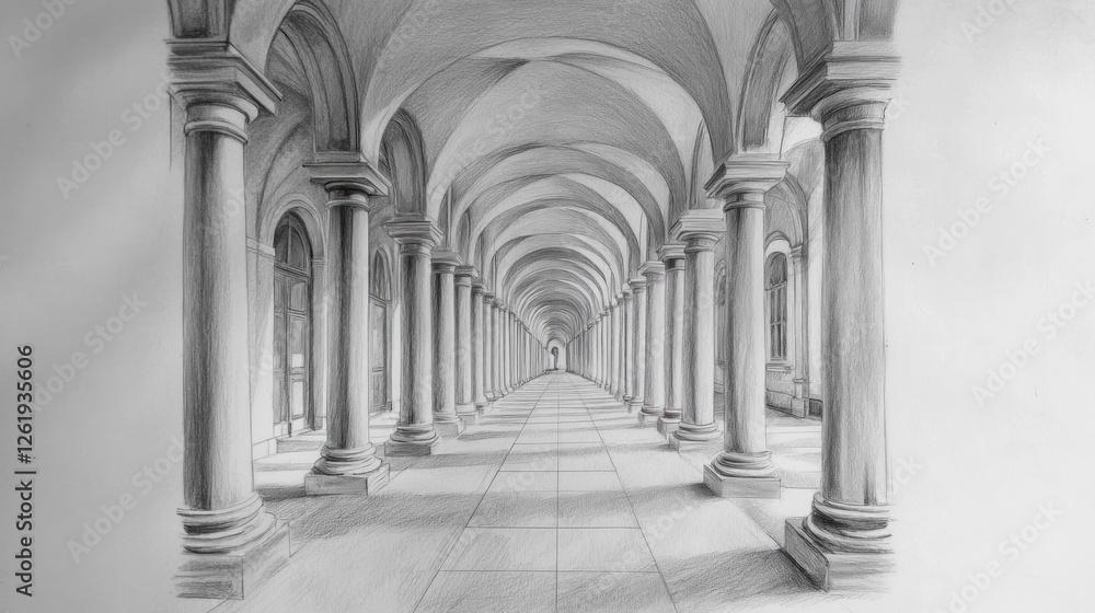 Poster a detailed pencil drawing of a grand corridor with arches and columns, creating depth.