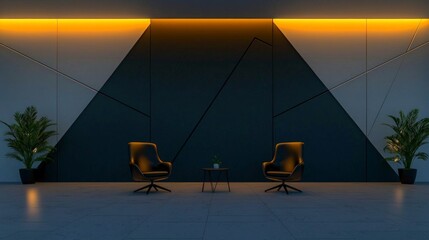 Modern Minimalist Office Interior with Geometric Wall and Yellow Lighting