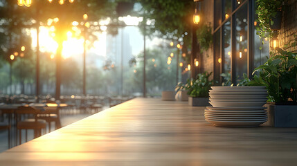 Fototapeta premium Sunset cafe outdoor patio, clean plates, city view