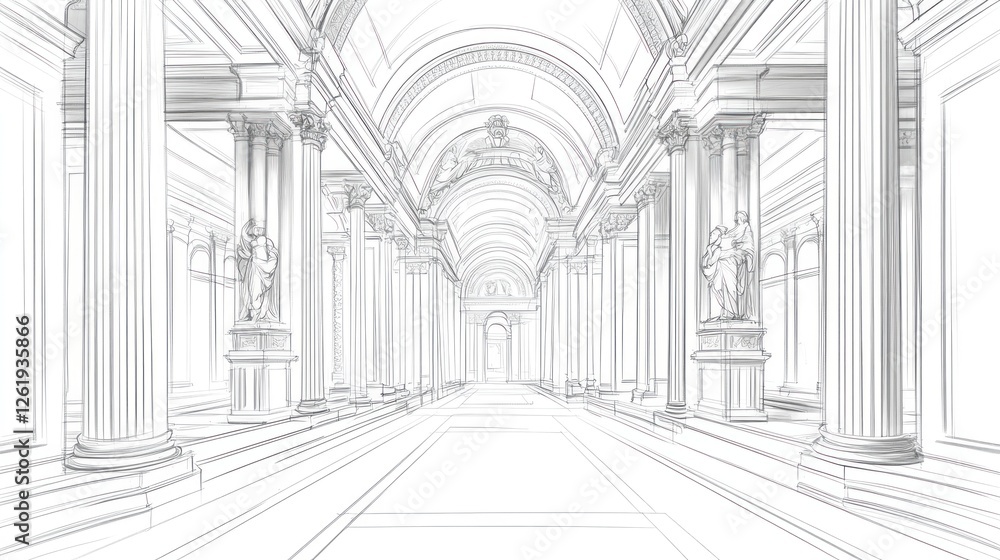 Aufkleber a linear architectural drawing of a grand hall with columns and statues.
