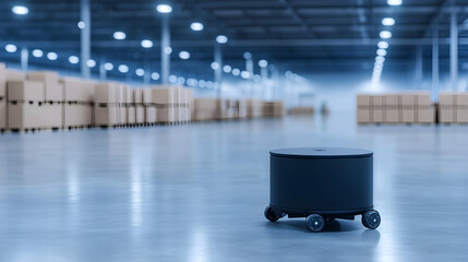 Autonomous robot in warehouse. Boxes stored in background for logistics usage. Generative AI