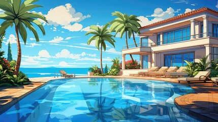 Fototapeta premium view cartoon house pool