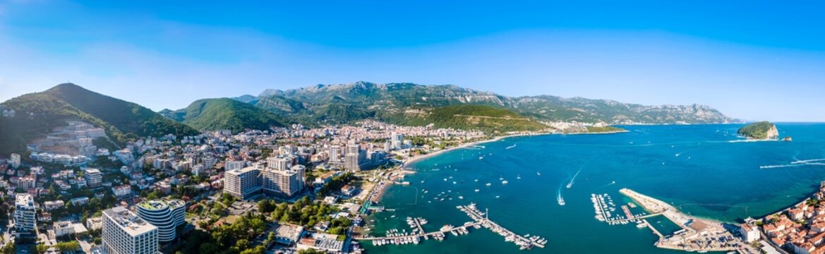 A drone camera panoramic view of Budva riviera and St. Nicholas Island, Montenegro