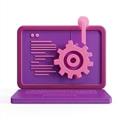 3D Purple Laptop with Gear, Software, and Web Design