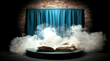 Open Ancient Book with Smoke and Light on a Dark Stage