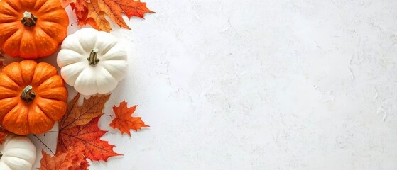 Orange and White Pumpkins with Autumn Leaves on White Background