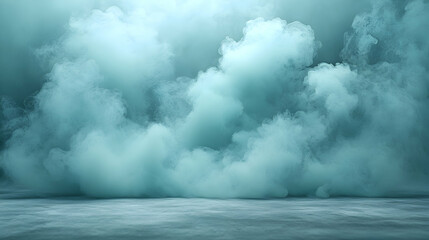 Teal smoke swirls on dark floor, studio background