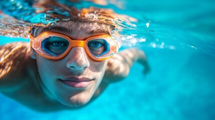 Naklejka premium Young swimmer underwater wearing goggles. Perfect for aquatic sports, swimming instruction, and underwater photography content.