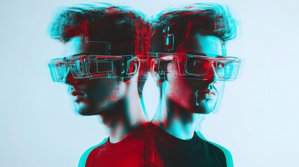 Surreal digital identity, man in virtual reality with glitch effect