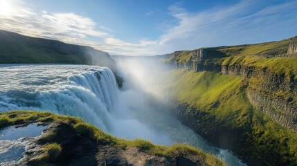 Icelandic waterfall canyon sunrise, mist, travel
