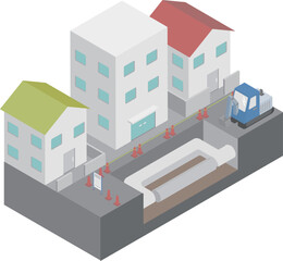 アイソメトリックな住宅街の水道交換工事を行っているイメージ素材