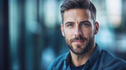 Fototapeta premium Confident bearded man in urban setting. Ideal for modern professional, urban lifestyle, and contemporary portraits content.