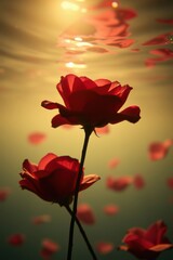 Fototapeta premium Red roses under water with petals floating, creating a dreamy, romantic, ethereal underwater garden.