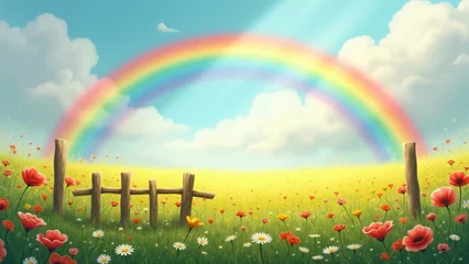 Wanddecoratie Regenboog A magical rainbow over a blooming spring field, creating an uplifting and enchanting atmosphere for a spring day.  © Ernesto