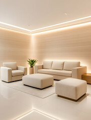 Cream living room with furniture and plant in modern home interior design concept. Generative AI