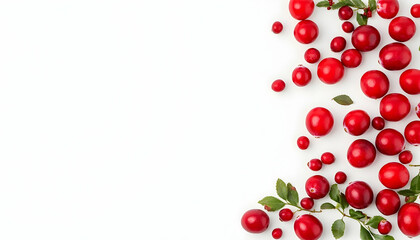 Cranberries and greenery are scattered on white background. Food blog, seasonal use. Generative AI