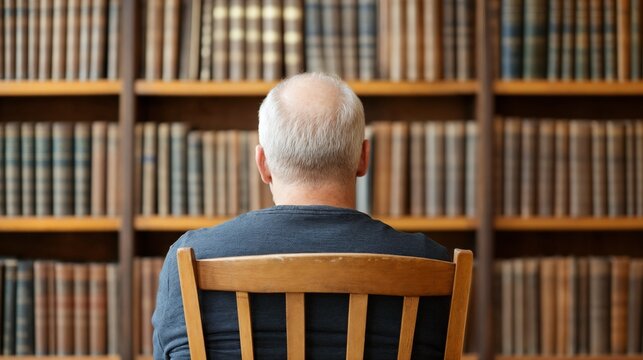 Senior scholar in library with books. Ideal for academic research, lifelong learning, and intellectual pursuit content.