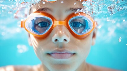 Child swimming underwater with goggles. Ideal for aquatic activities, summer fun, and water sports content.