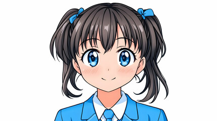Cute school girl with pigtails is smiling. For cartoon, avatar, or profile use. Generative AI