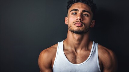 Fototapeta premium Athletic man in tank top against dark background. Perfect for fitness portraiture, strength aesthetics, and modern masculinity content.