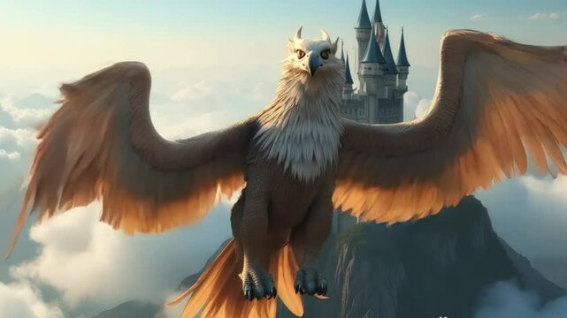 "A majestic griffin soars through the clouds, its golden wings stretching wide over an ancient castle atop a misty mountain. The guardian of the skies watches over the enchanted realm with fierce, nob
