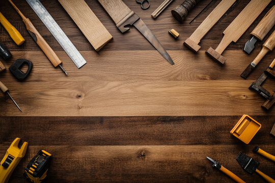 Various tools and wooden blanks on a carpenter workbench top view. Carpentry background..