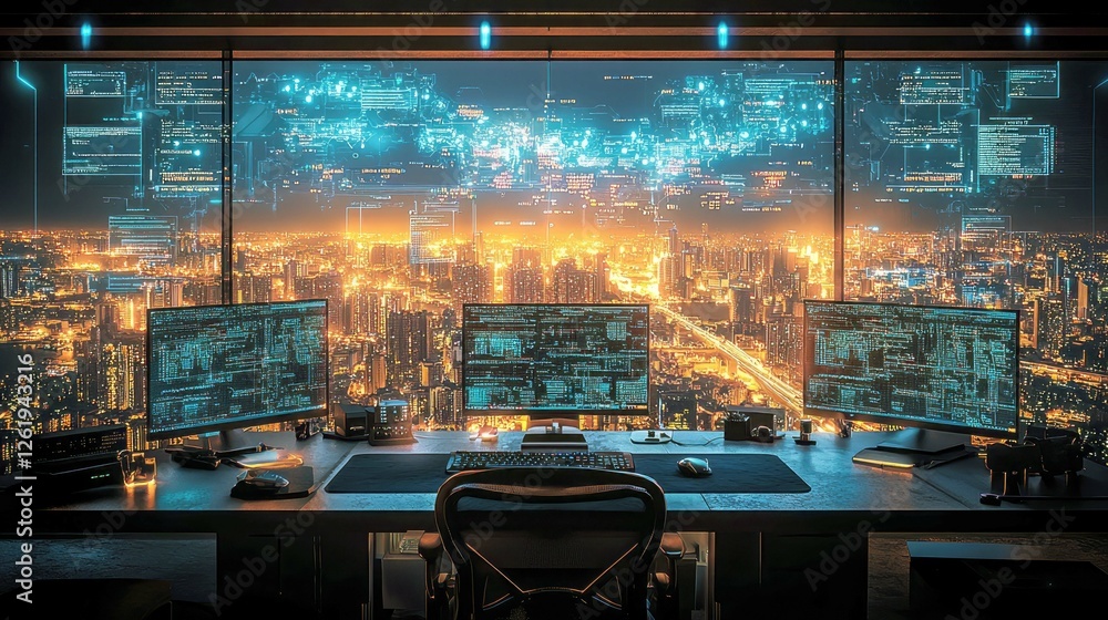 Aufkleber cyberpunk cityscape: night view from a programmer's desk. futuristic tech and urban scenery. a digit