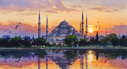 Naklejka premium Watercolor Painting of Blue Mosque at Sunset with Water Reflection