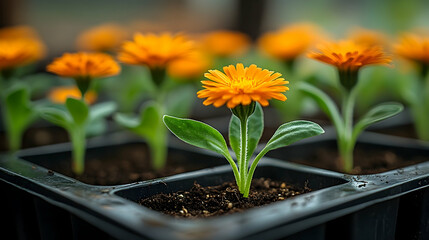 Vibrant orange calendula seedlings in a nursery tray, showcasing growth and springtime, ideal for gardening blogs