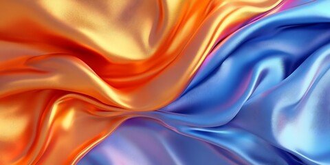 Fototapeta premium Abstract orange & blue silk fabric swirl, elegant design, flowing textile background, website banner