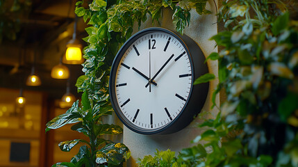 Wall clock, greenery, cafe, interior, time