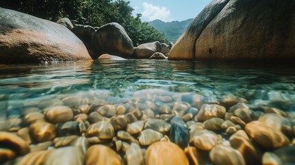 Fototapeta premium Tranquil River Scene With Smooth Rocks And Clear Water