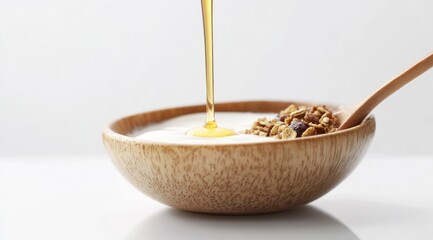 Drizzle of honey dripping over Greek yogurt with granola and berries in a bowl on a white background