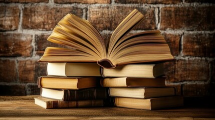Open book, hardback books on wooden table. Back to school. Copy space