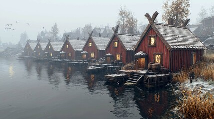 Fototapeta premium Picturesque Scandinavian Waterfront Village in Winter: Cozy Cottages, Misty Lake, and Snow-Covered Houses