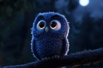 Nighttime adventure cute owl perched on a branch enchanted forest animal portrait mystical atmosphere close-up view