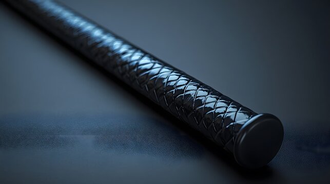 Close-up of a textured, polished black baton on a smooth dark surface