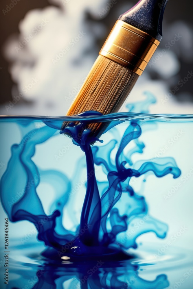 Poster a paint brush dunks into water creating an abstract display of blue color and smooth textures.