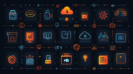 Technology icons like cloud computing cybersecurity designed with a transparent background for IT presentations