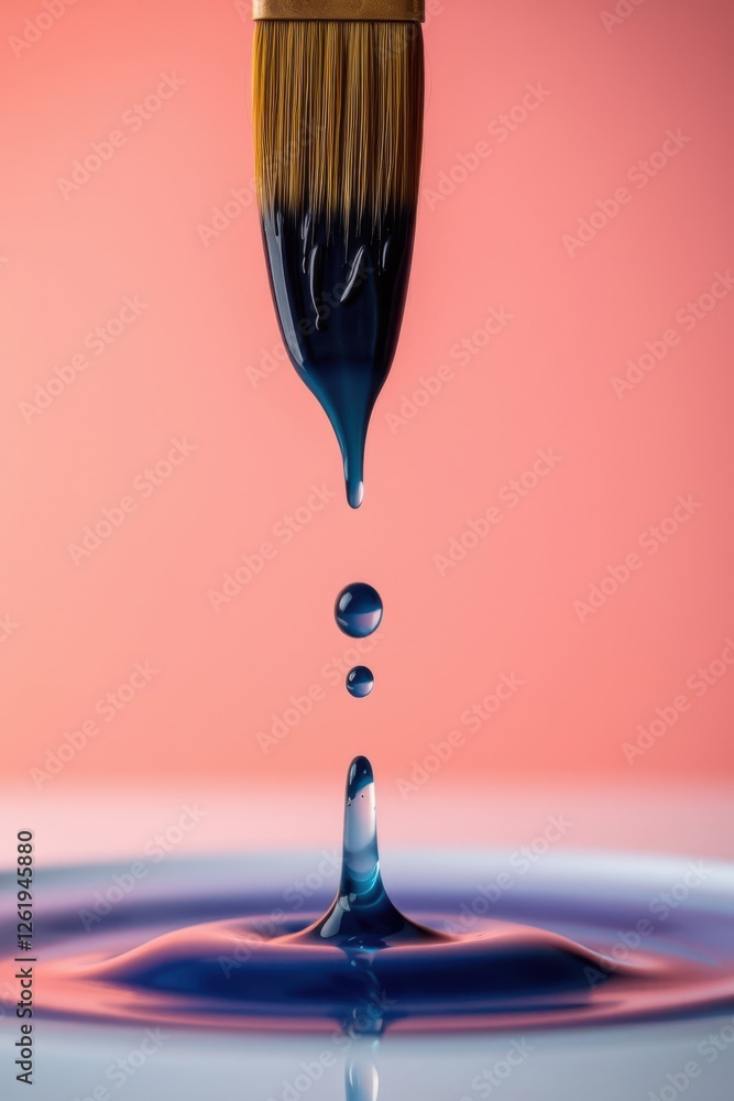 Poster paintbrush drips blue paint into a pool, creating ripples and a splash on a gradient background.