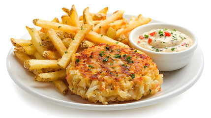 Crispy Maryland Crab Cake Served with Golden Fries and Creamy Dip on a White Plate