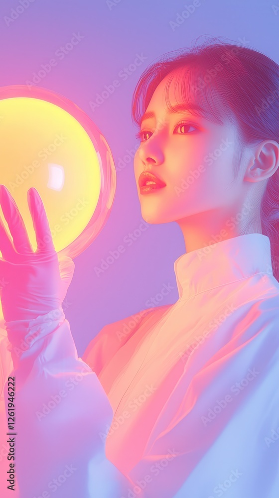 Poster captivating portrait of a woman with a glowing orb studio setting colorful atmosphere side view mode