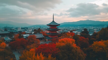 Autumnal Pagoda Amidst Cityscape and Mountains