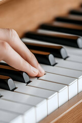Fototapeta premium Hand playing piano for musical training or practice. Wooden background.. Generative AI