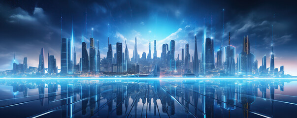 Obraz premium Futuristic skyline illuminated by blue lights at night with reflections on water in a vibrant, technological cityscape