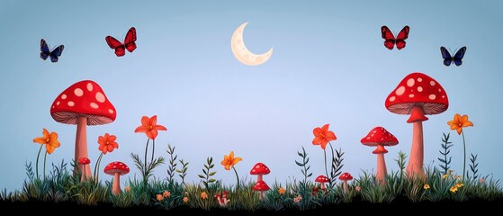 Pixel Art Fantasy Landscape with Red Mushrooms and Butterflies