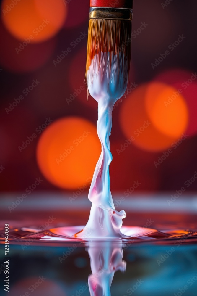 Poster paintbrush creates swirl as it drips into a clear reflective surface against a vibrant bokeh backdro